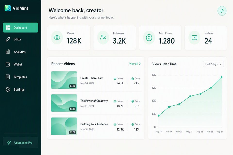 桌面浏览器中的 VidMint 网页创作者面板——项目、铸造数据与草稿