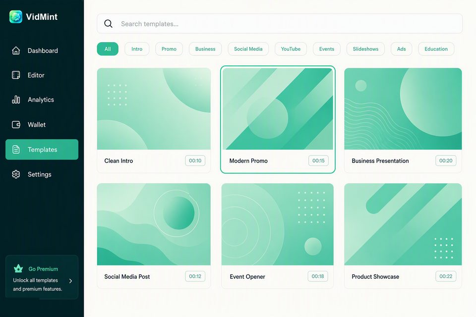 浏览器中的 VidMint 桌面模板库:短视频格式