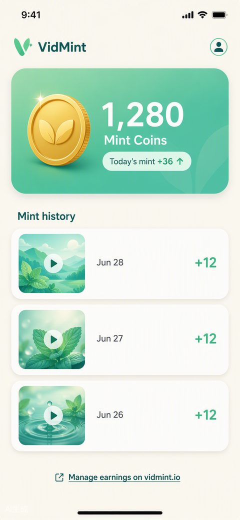 VidMint Mint Rewards 钱包展示创作者的金币余额