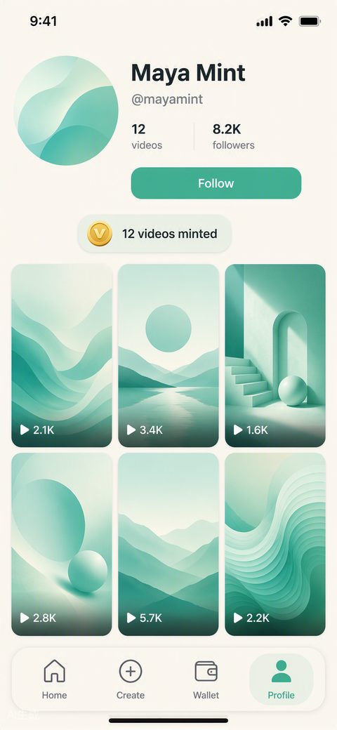 VidMint 创作者社区主页,展示已发布的短视频