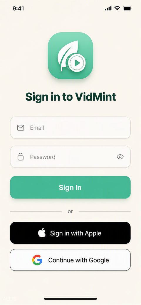 iPhone 上的 VidMint 登录界面